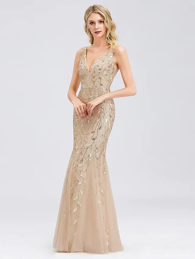 DingjiSparkle Sexy Prom Formal Evening Valentine's Day Dress V Neck Sleeveless Floor Length Tulle Sequined with Sequin Appliques