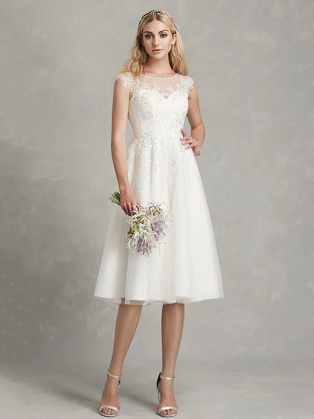 DingjiA-Line Wedding Dresses Jewel Neck Tea Length Lace Tulle Cap Sleeve Beautiful Back with Appliques