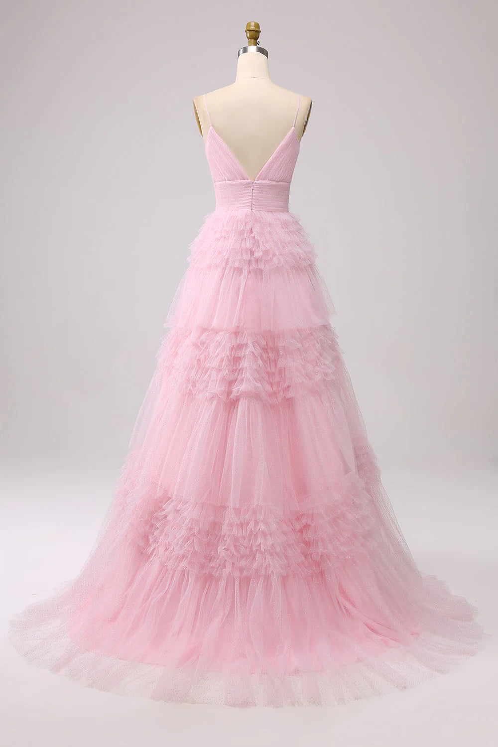 A Line Spaghetti Straps Light Pink Long Prom Dress with Ruffles