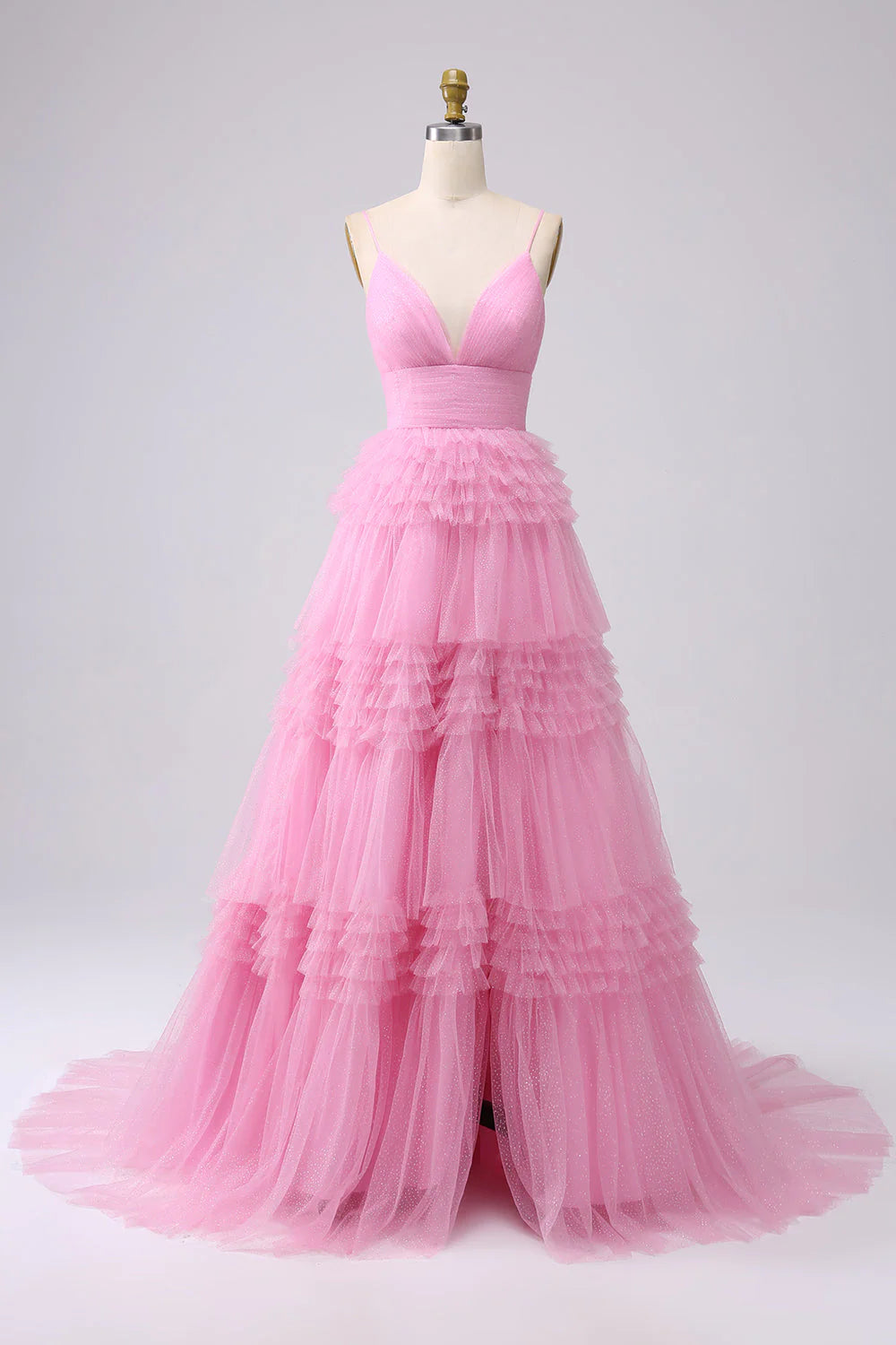 A Line Spaghetti Straps Light Pink Long Prom Dress with Ruffles