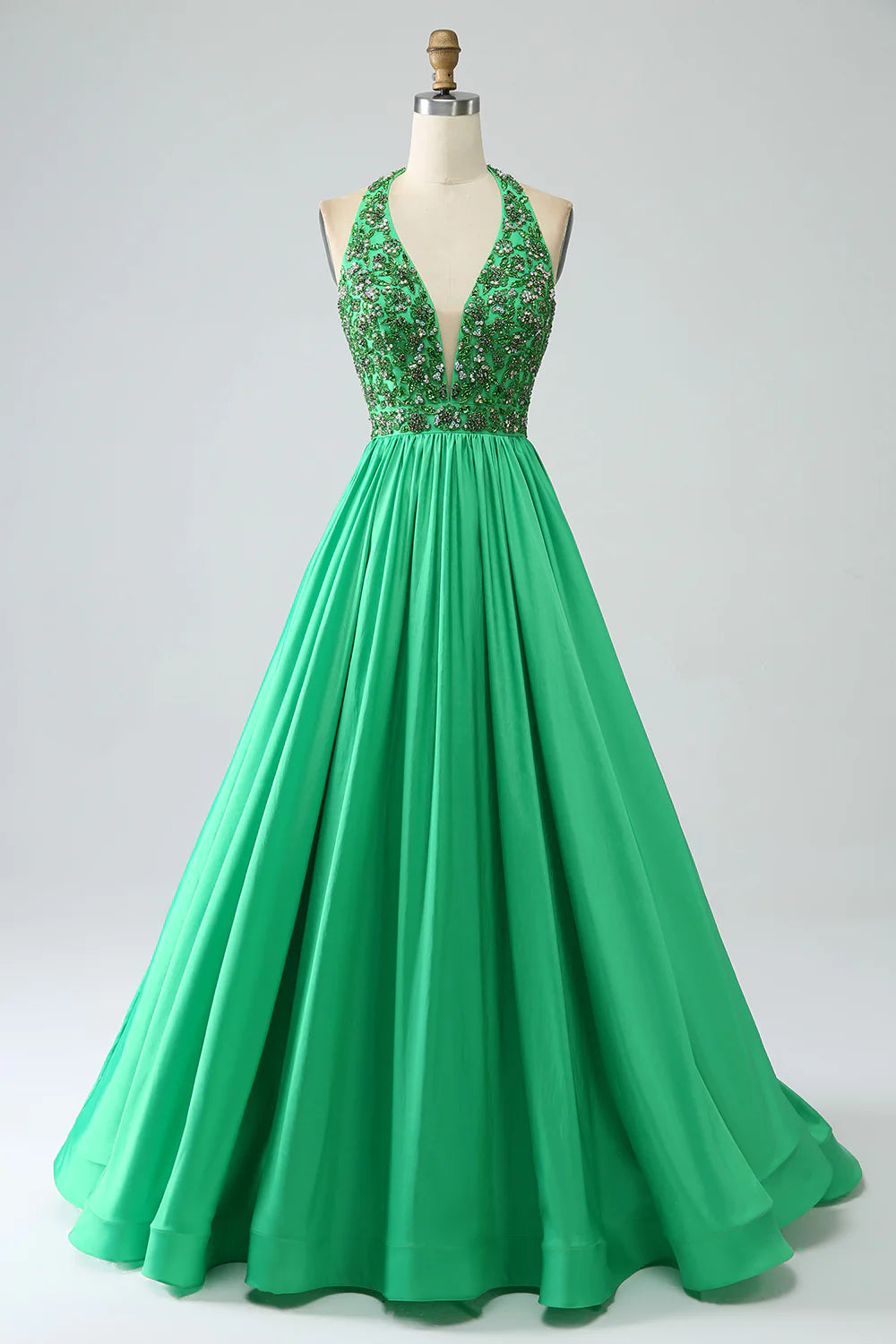 Satin Green Halter Prom Dress with Beading