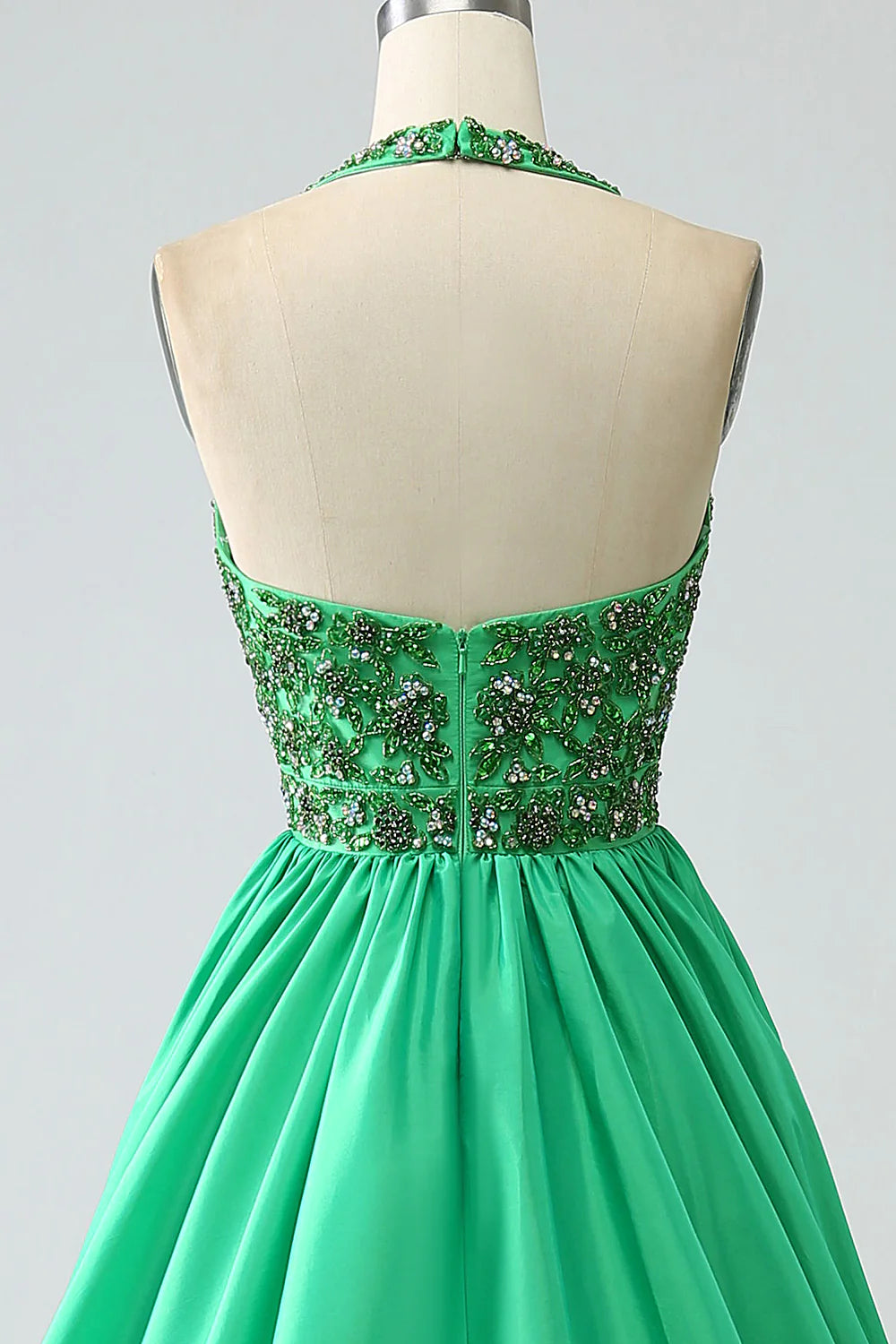 Satin Green Halter Prom Dress with Beading