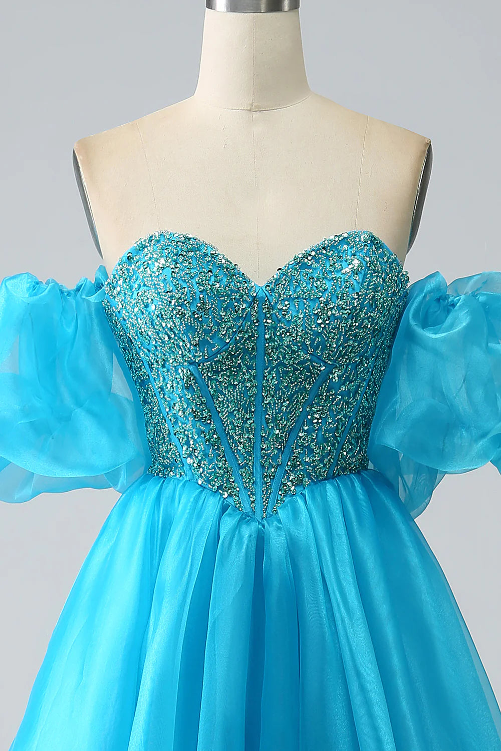 Blue Beaded Corset Prom Dress with Detachable Sleeves