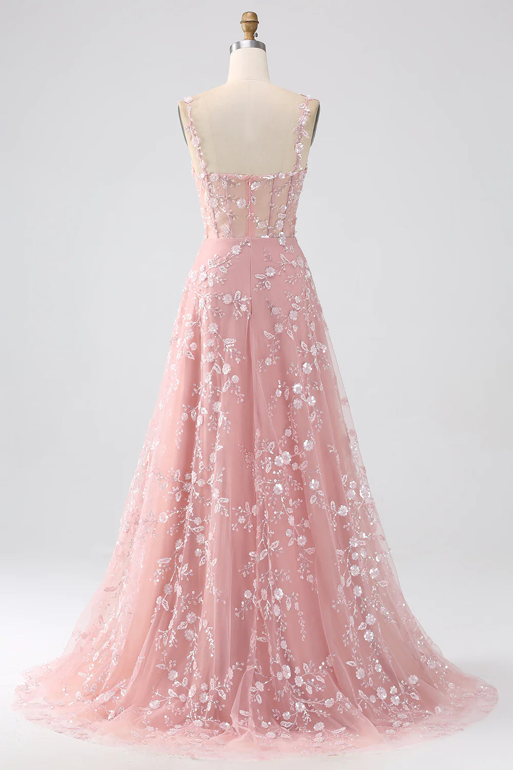 Sparkly Blush A Line Spaghetti Straps Sequin Corset Prom Dress With Slit