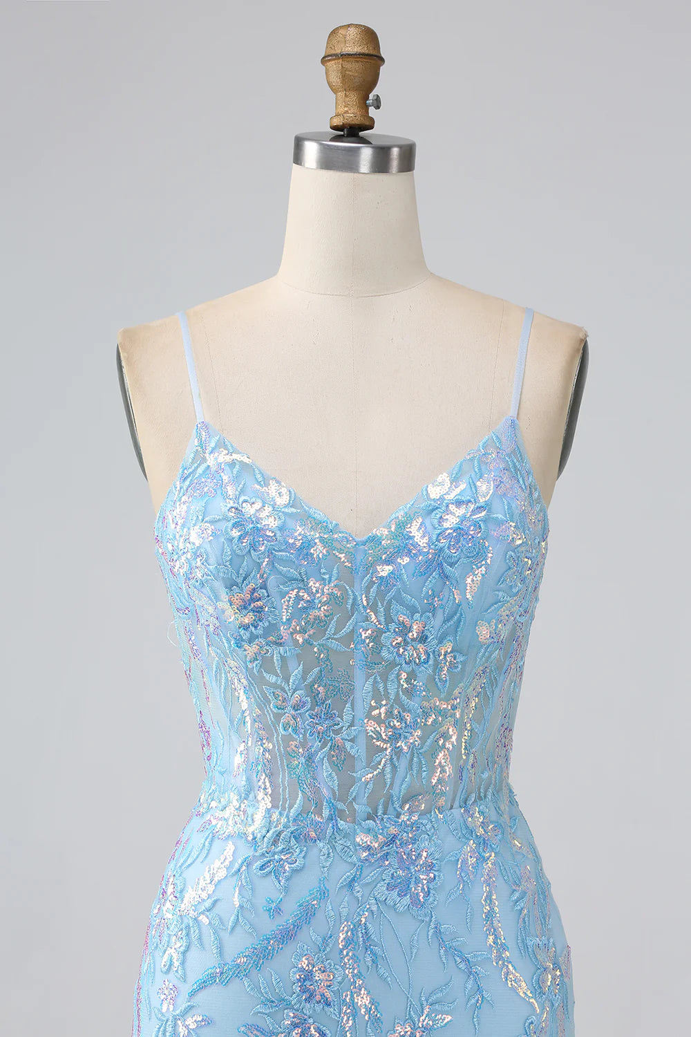 Sparkly Light Blue Mermaid Spaghetti Straps Long Prom Dress With Beading