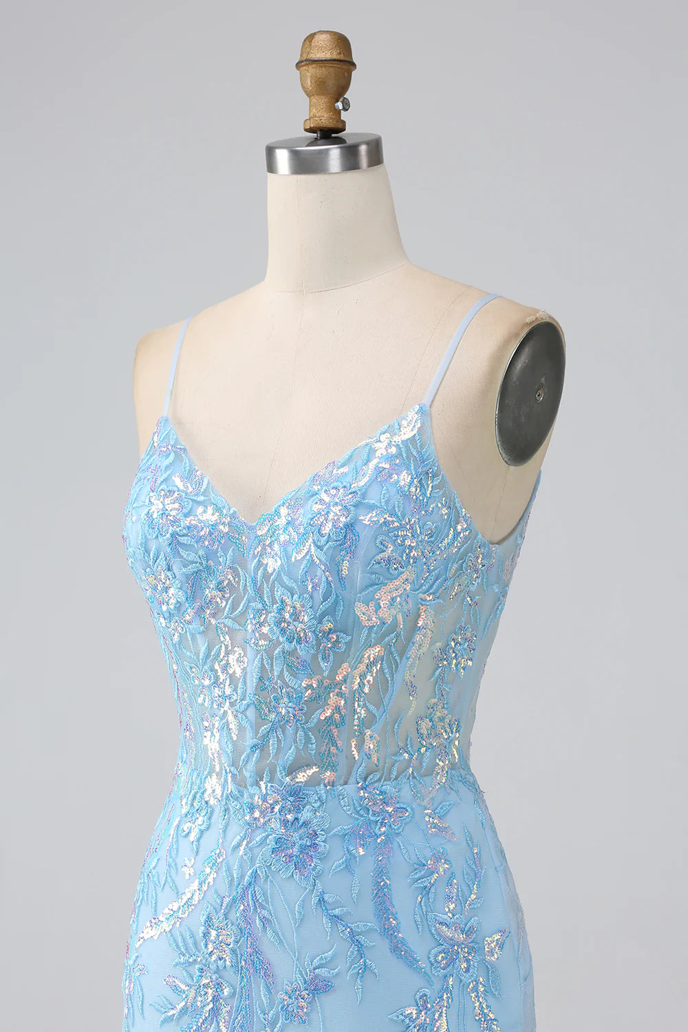 Sparkly Light Blue Mermaid Spaghetti Straps Long Prom Dress With Beading
