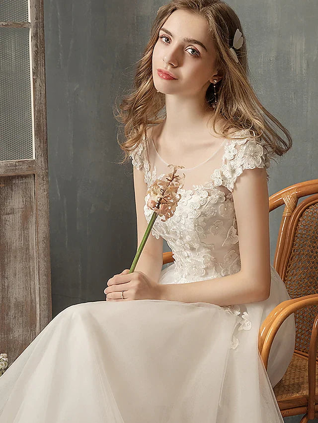DingjiPrincess A-Line Wedding Dresses Jewel Neck Lace Tulle Cap Sleeve Country Romantic with Pleats Appliques