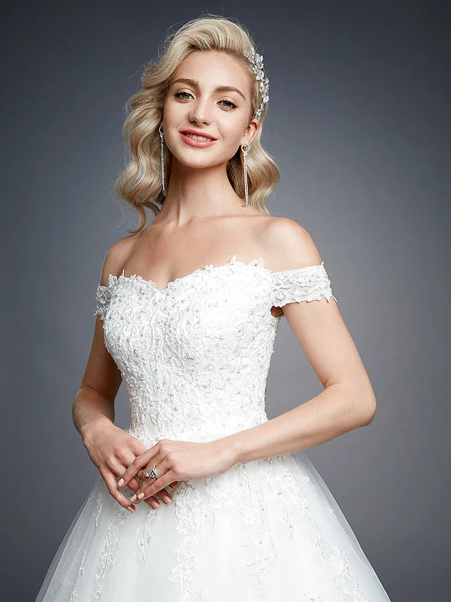 DingjiBall Gown Wedding Dresses Off Shoulder Court Train Lace Tulle Short Sleeve Romantic Sparkle & Shine with Beading Appliques