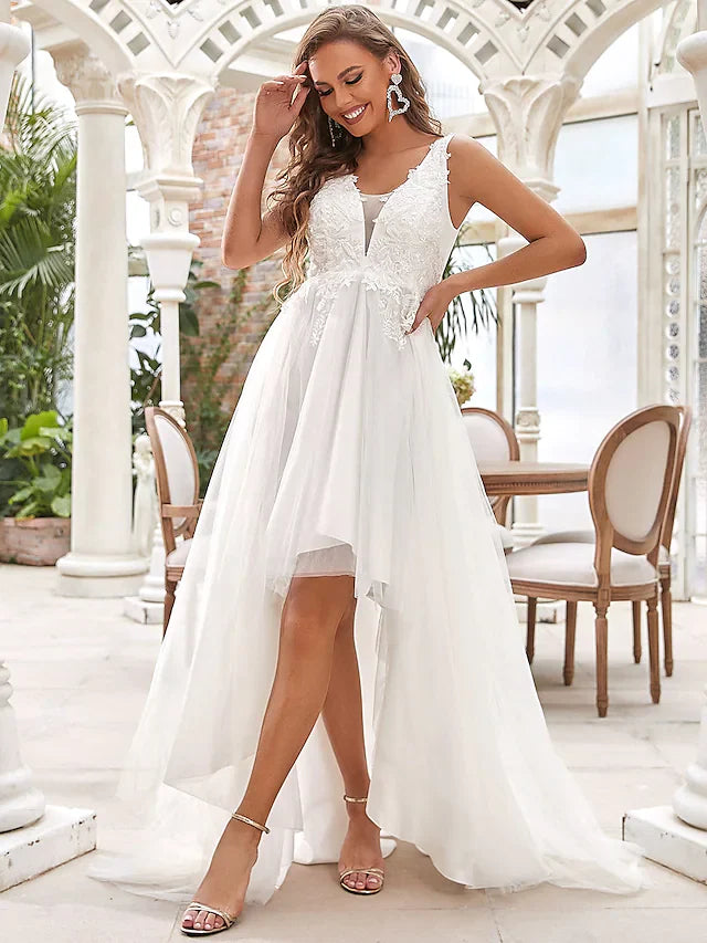 DingjiA-Line Wedding Dresses V Neck Chiffon Lace Tulle Sleeveless Romantic Casual with Lace Ruched Draping