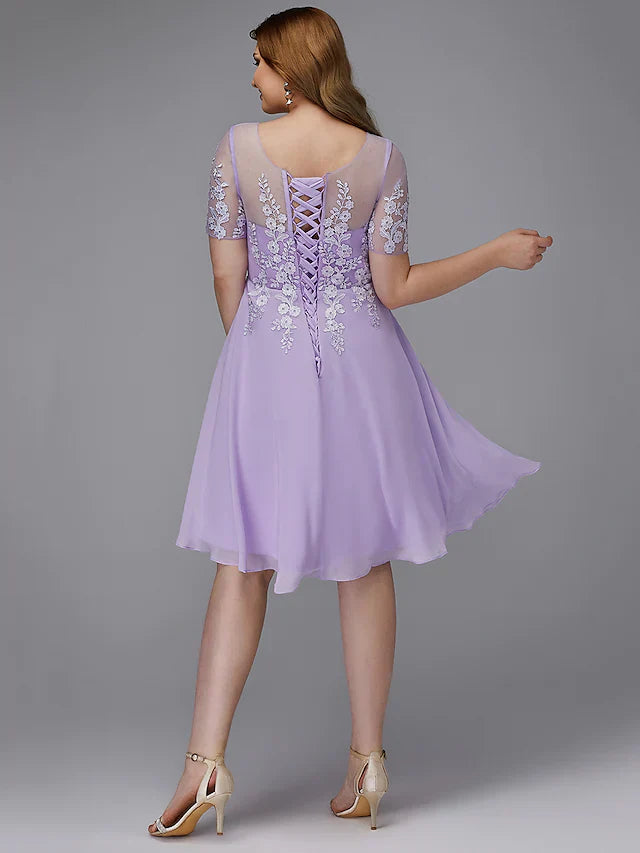 DingjiA-Line Plus Size Homecoming Cocktail Party Dress Illusion Neck Short Sleeve Knee Length Chiffon Lace with Appliques