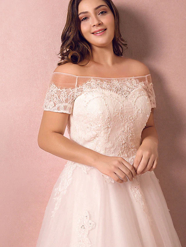 DingjiA-Line Wedding Dresses Off Shoulder Floor Length Lace Satin Tulle Short Sleeve Formal Plus Size with Lace Pearls Lace Insert