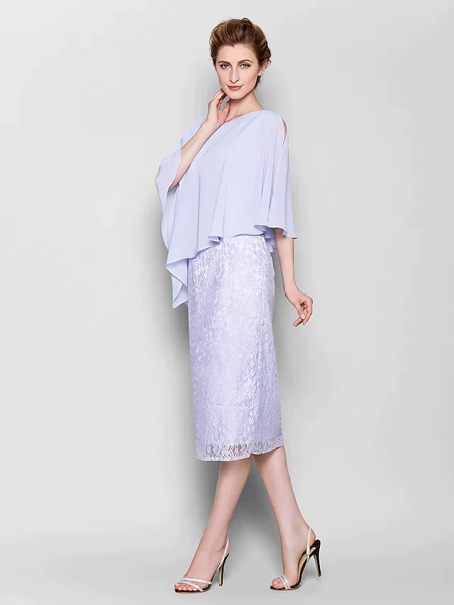 Mother of the Bride Dress Vintage Inspired Jewel Neck Knee Length Chiffon Lace 3/4 Length Sleeve with Lace