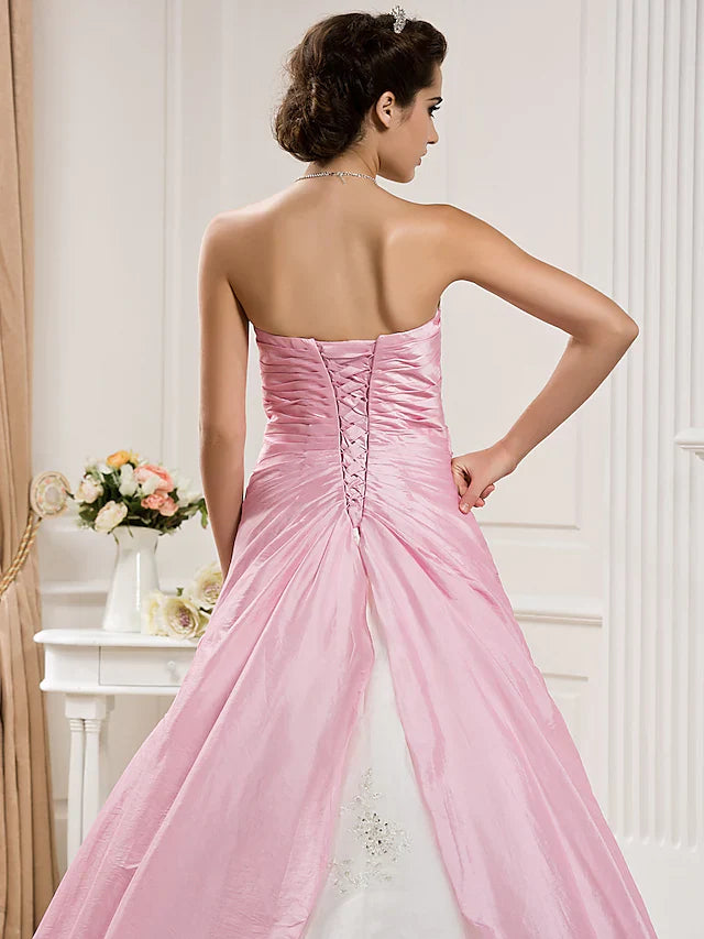 DingjiBall Gown Wedding Dresses Strapless Chapel Train Organza Taffeta Strapless Wedding Dress in Color with Ruched Beading Appliques