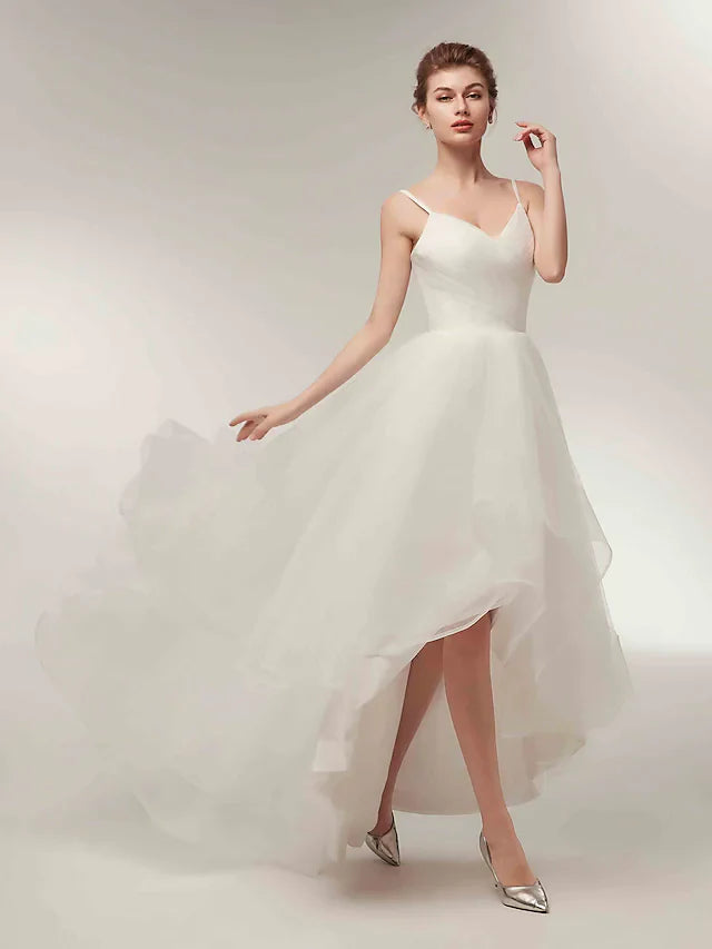 DingjiA-Line Wedding Dresses V Neck Asymmetrical Tulle Spaghetti Strap Simple Casual Little White Dress with Side-Draped