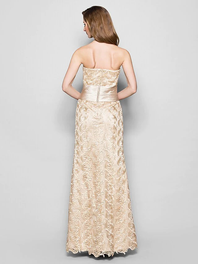 Mother of the Bride Dress Wrap Included Sweetheart Neckline Floor Length Lace Satin 3/4 Length Sleeve with Sash Ribbon Ruched