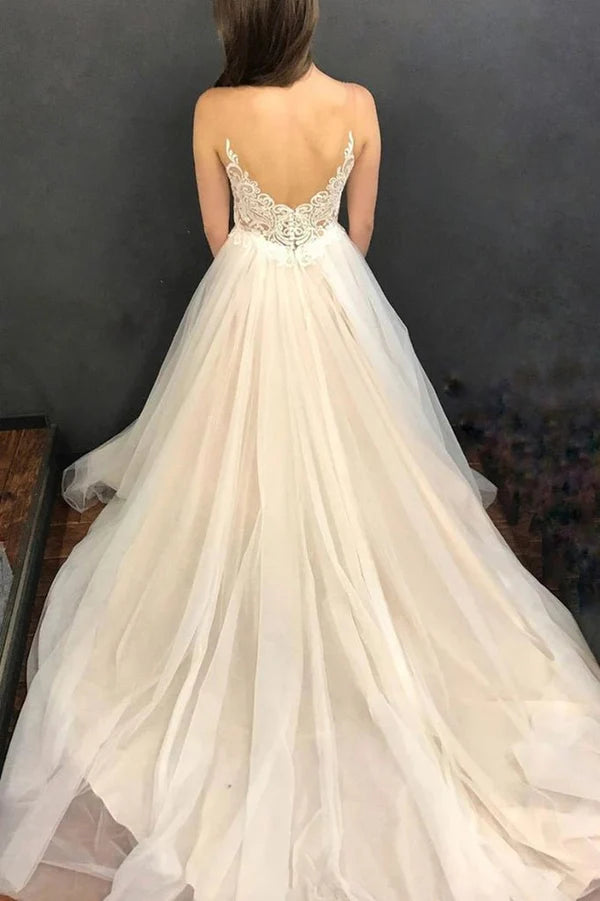 A Line Straps Wedding Dress Tulle With Applique Sweep Train