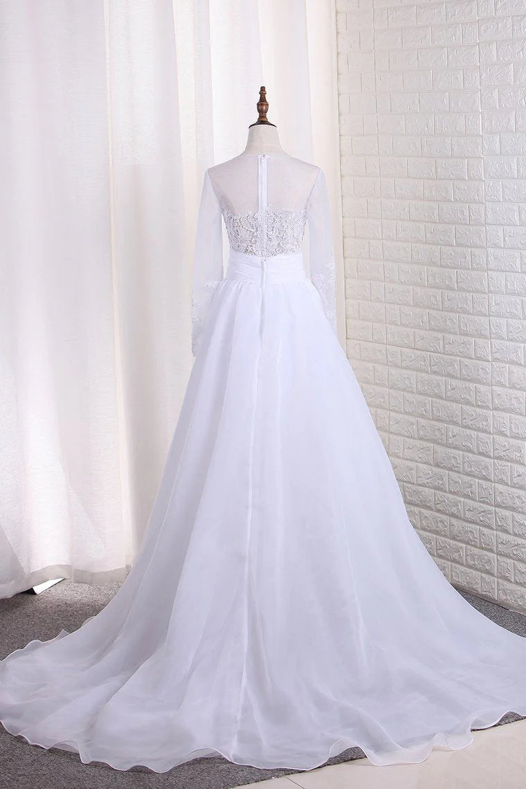 Dingji WeddingjiDress Wedding Dresses Scoop Long Sleeves Tulle & Organza With Applique Sweep Train Detachable