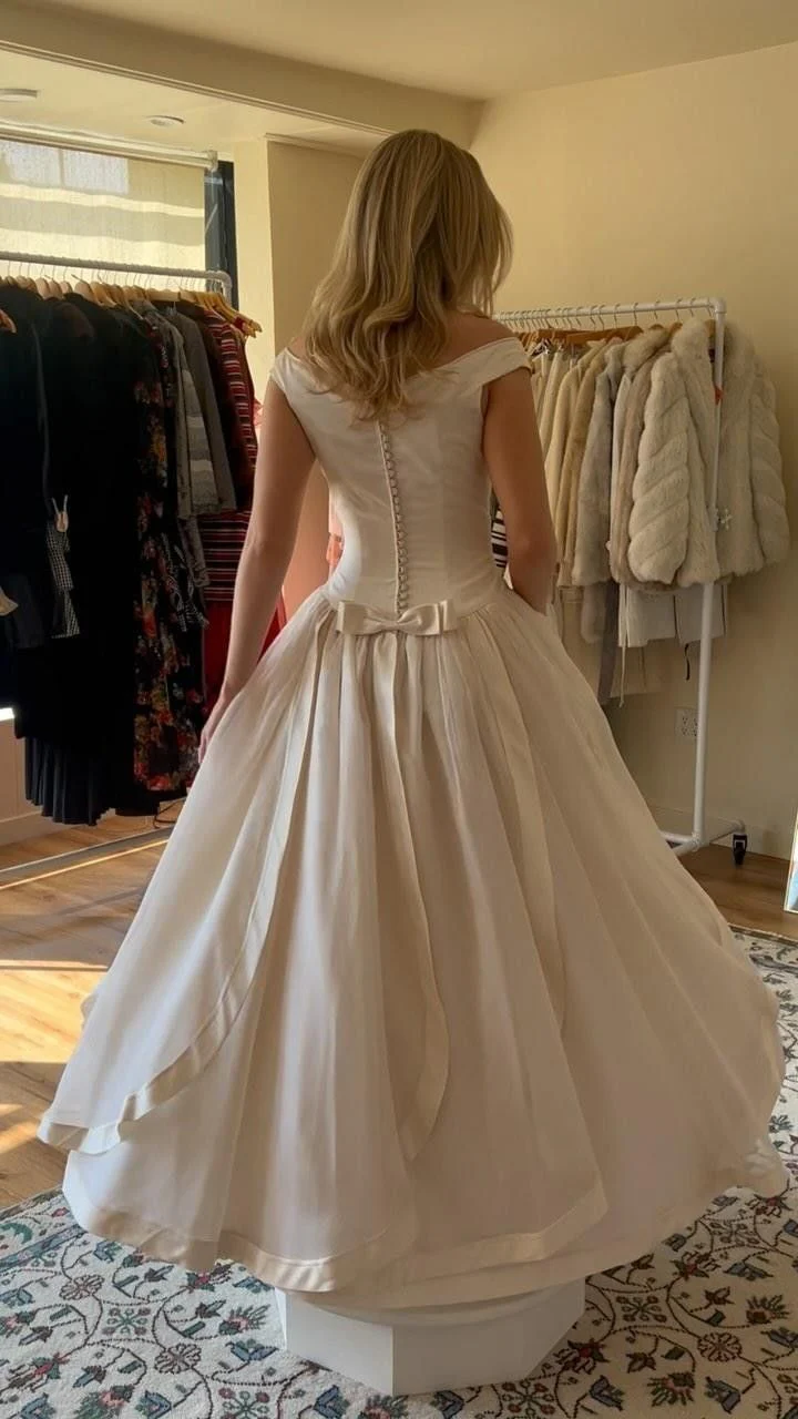 Wedding Dress Off the Shoulder Ball Gown with Button Back Satin Bow and Layered Skirt