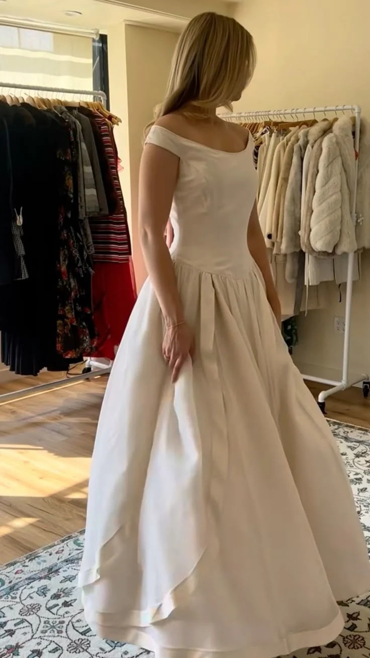 Wedding Dress Off the Shoulder Ball Gown with Button Back Satin Bow and Layered Skirt