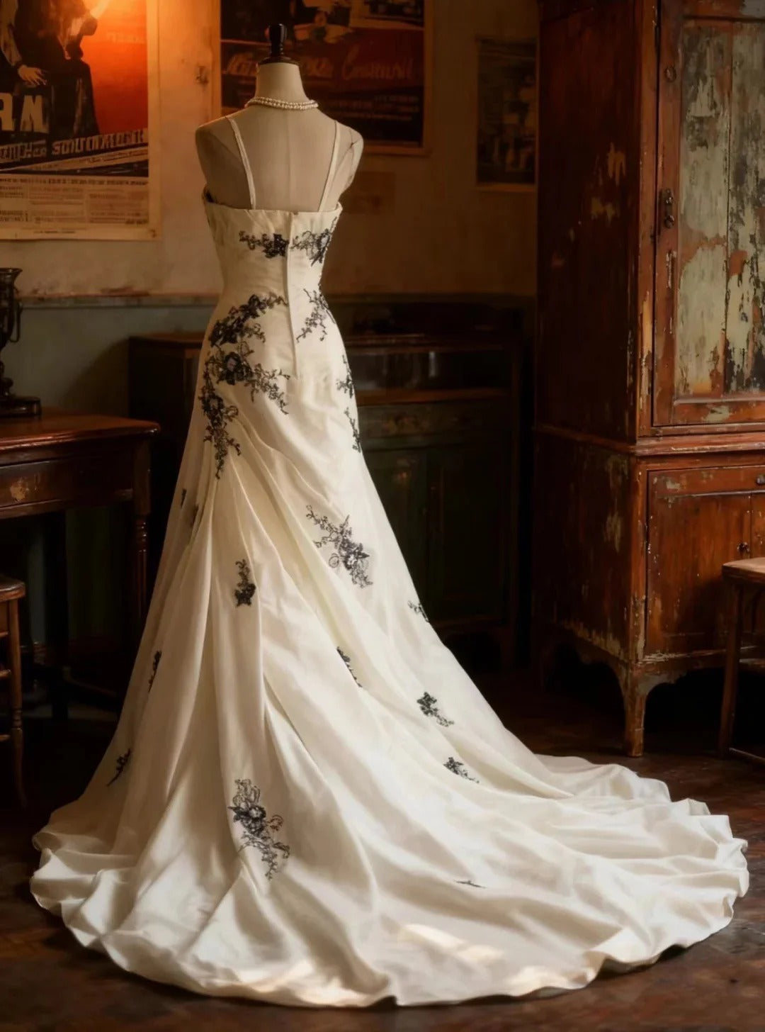 Wedding Dress Spaghetti Strap Mermaid Gown with Contrast Embroidery and Court Train