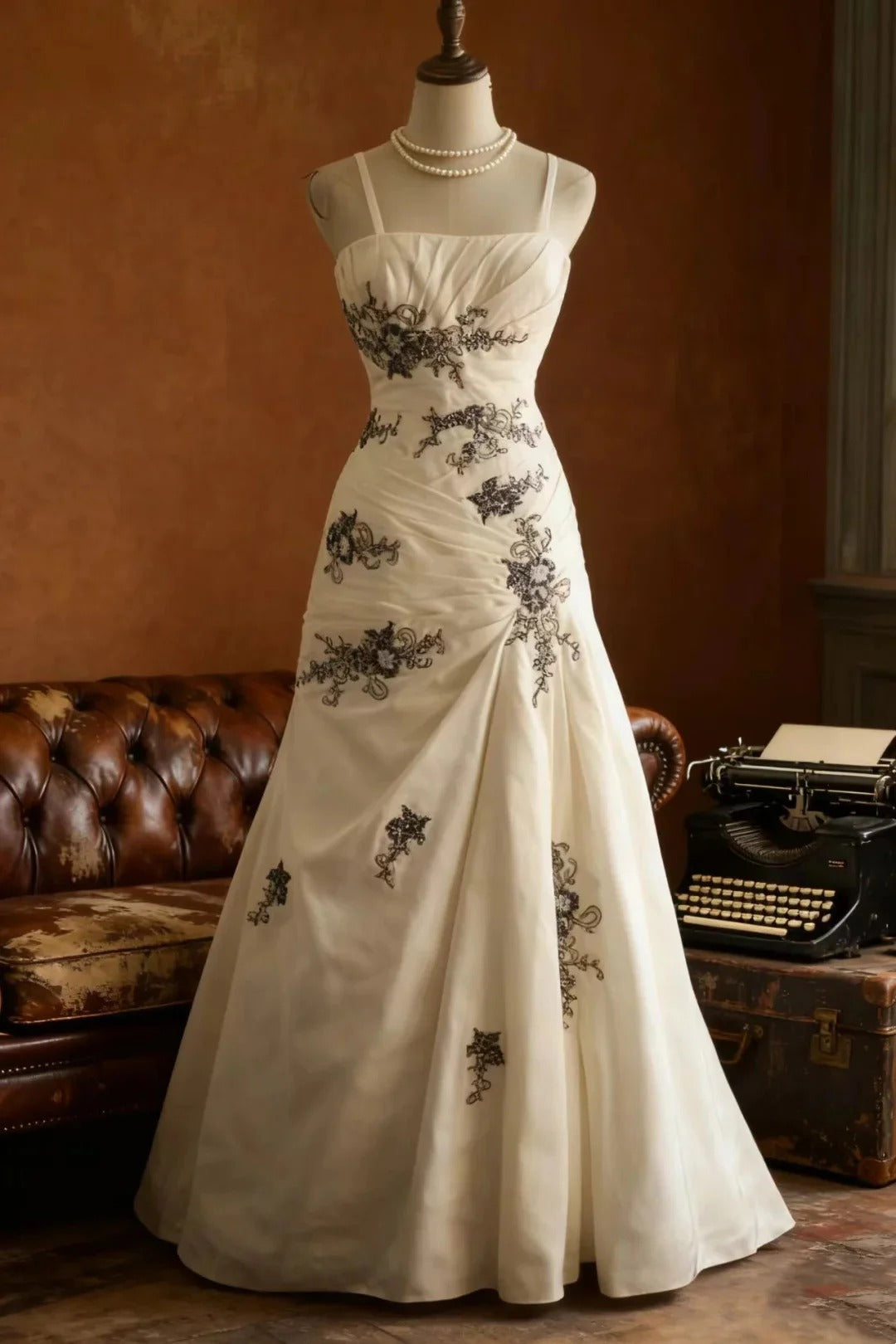 Wedding Dress Spaghetti Strap Mermaid Gown with Contrast Embroidery and Court Train
