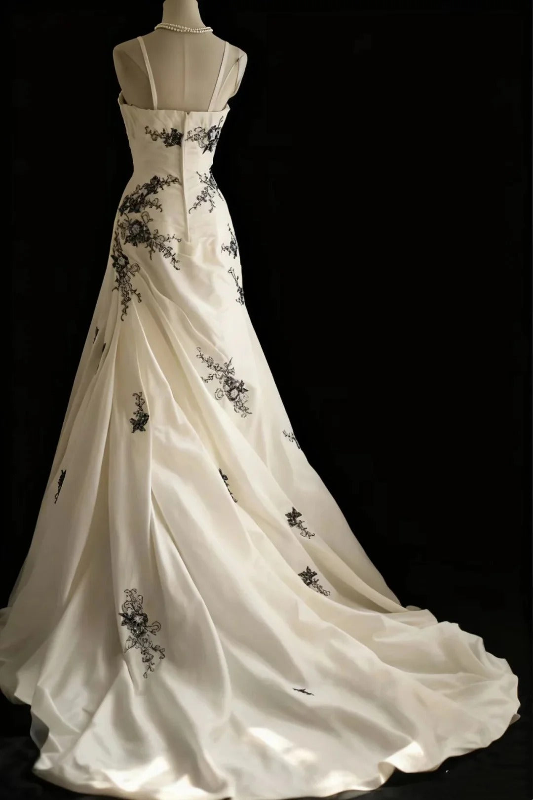 Wedding Dress Spaghetti Strap Mermaid Gown with Contrast Embroidery and Court Train