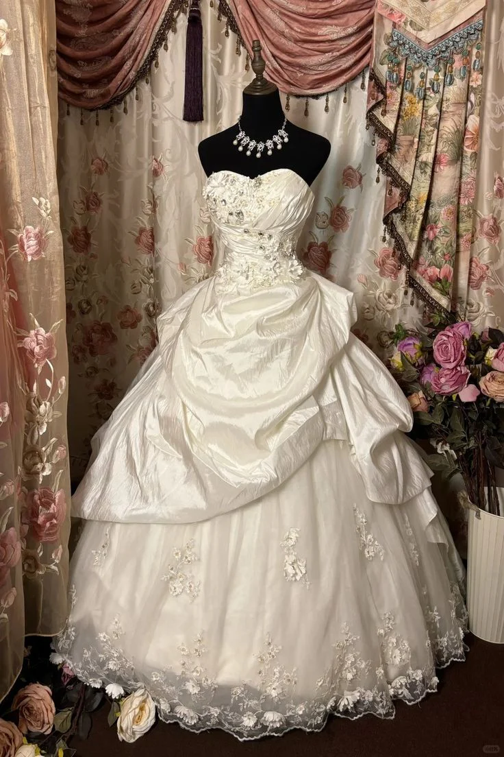Wedding Dress Strapless Ball Gown with Lace Up Back Floral Embroidery and Pick Up Skirt