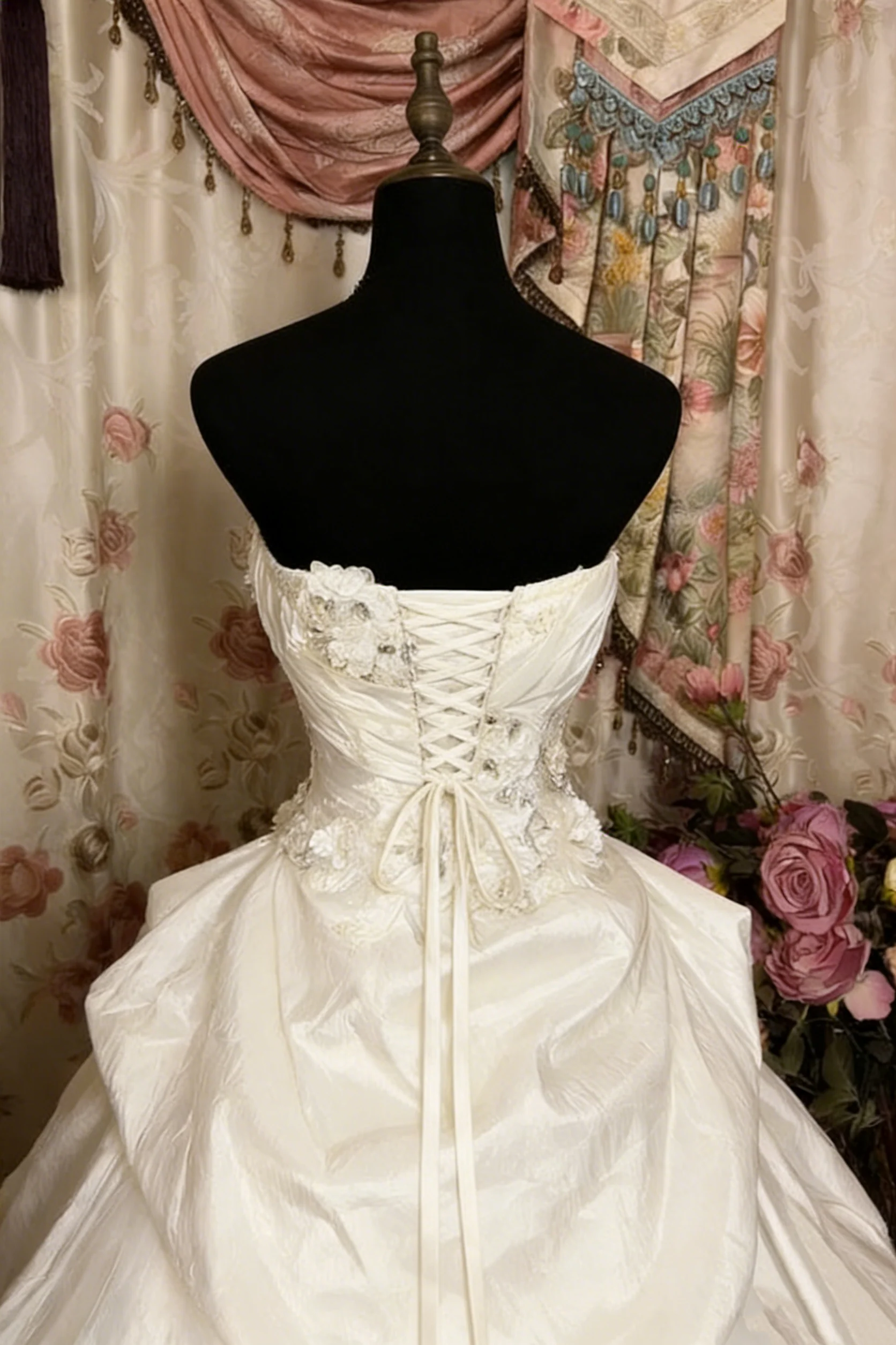 Wedding Dress Strapless Ball Gown with Lace Up Back Floral Embroidery and Pick Up Skirt