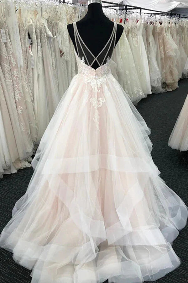 Tulle A-line V-neck Wedding Dresses With Lace Appliques Wedding Gown