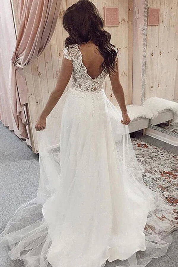 Tulle Lace A-line V-neck Cap Sleeves Wedding Dresses Bridal Gown