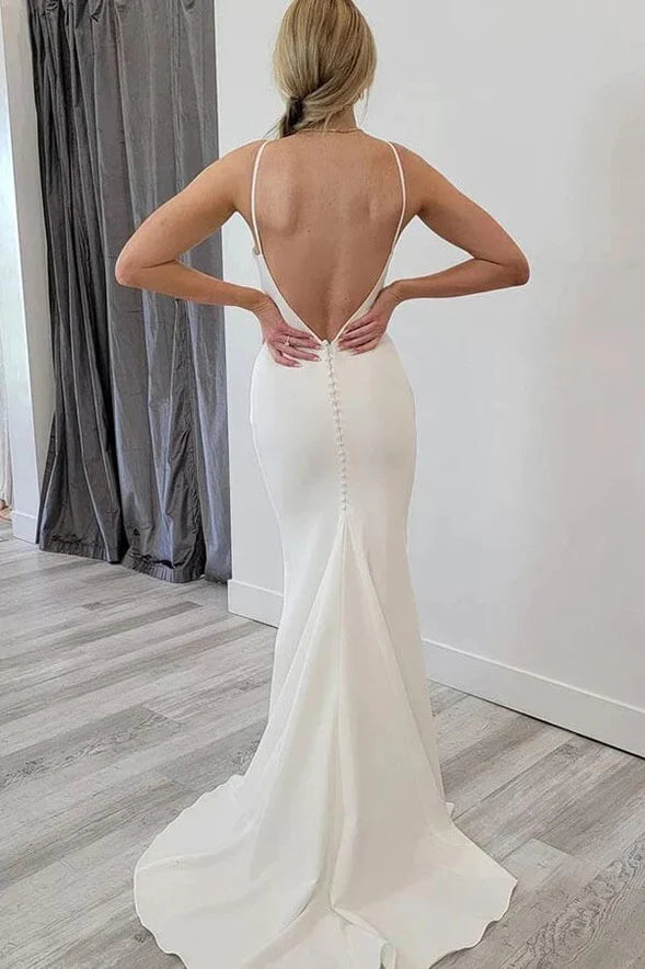 Satin Mermaid Scoop Neck Open Back Wedding Dresses Bridal Gowns