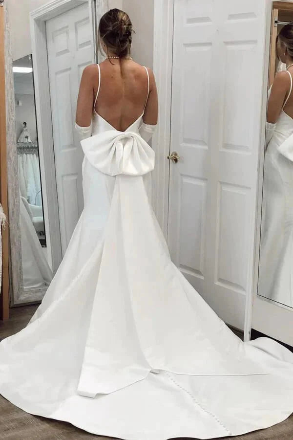 Simple Ivory Satin Mermaid V Neck Wedding Dresses Wedding Gowns