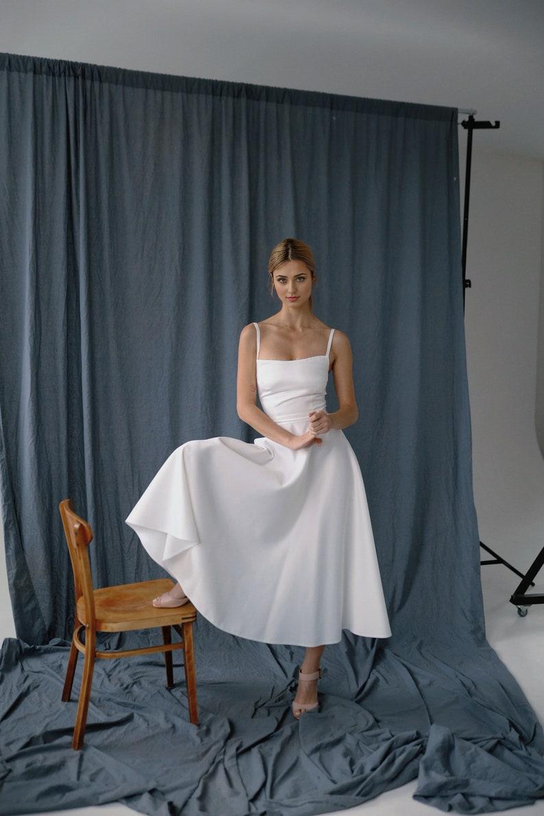 Reception Satin Dress Midi With A Spaghetti Straps And Sguare Neckline Bridal Topper  A-line Skirt  Wedding Guest Courthouse Dress