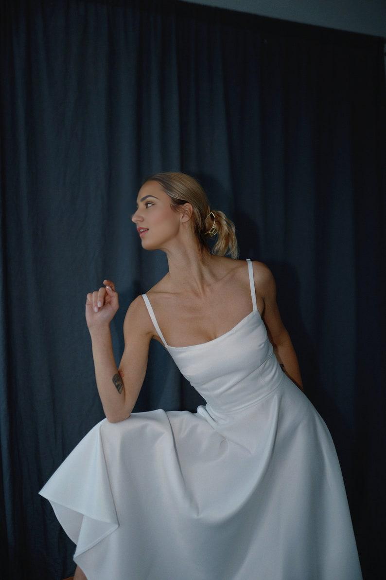 Reception Satin Dress Midi With A Spaghetti Straps And Sguare Neckline Bridal Topper  A-line Skirt  Wedding Guest Courthouse Dress