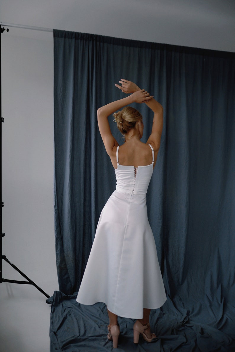 Reception Satin Dress Midi With A Spaghetti Straps And Sguare Neckline Bridal Topper  A-line Skirt  Wedding Guest Courthouse Dress