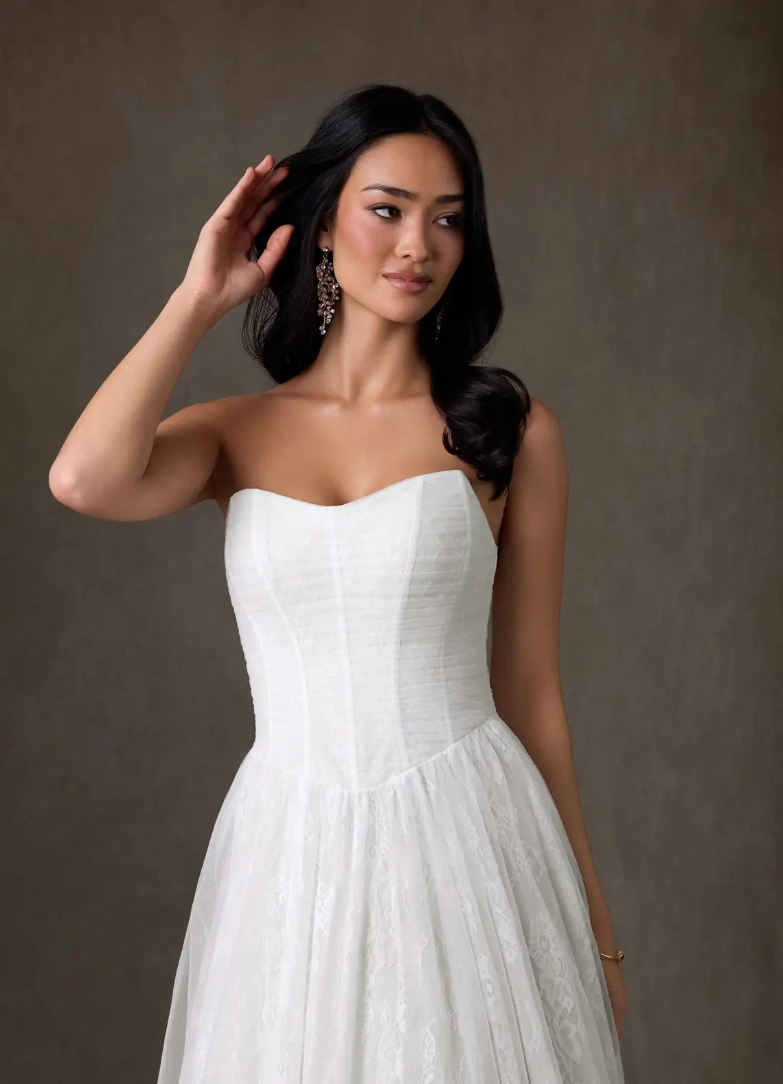 Whimsical, bohemian aesthetic Strapless Lace A-Line Wedding Dress with Corset Back and Detachable Choker
