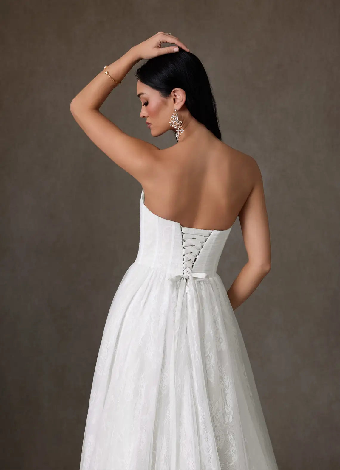 Whimsical, bohemian aesthetic Strapless Lace A-Line Wedding Dress with Corset Back and Detachable Choker
