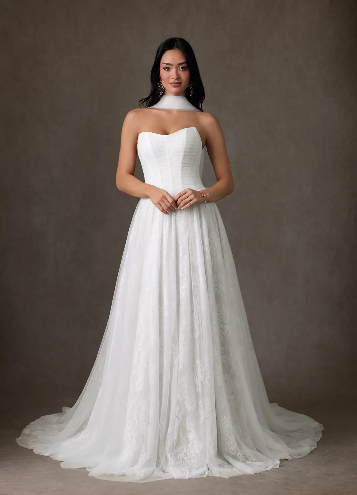 Whimsical, bohemian aesthetic Strapless Lace A-Line Wedding Dress with Corset Back and Detachable Choker