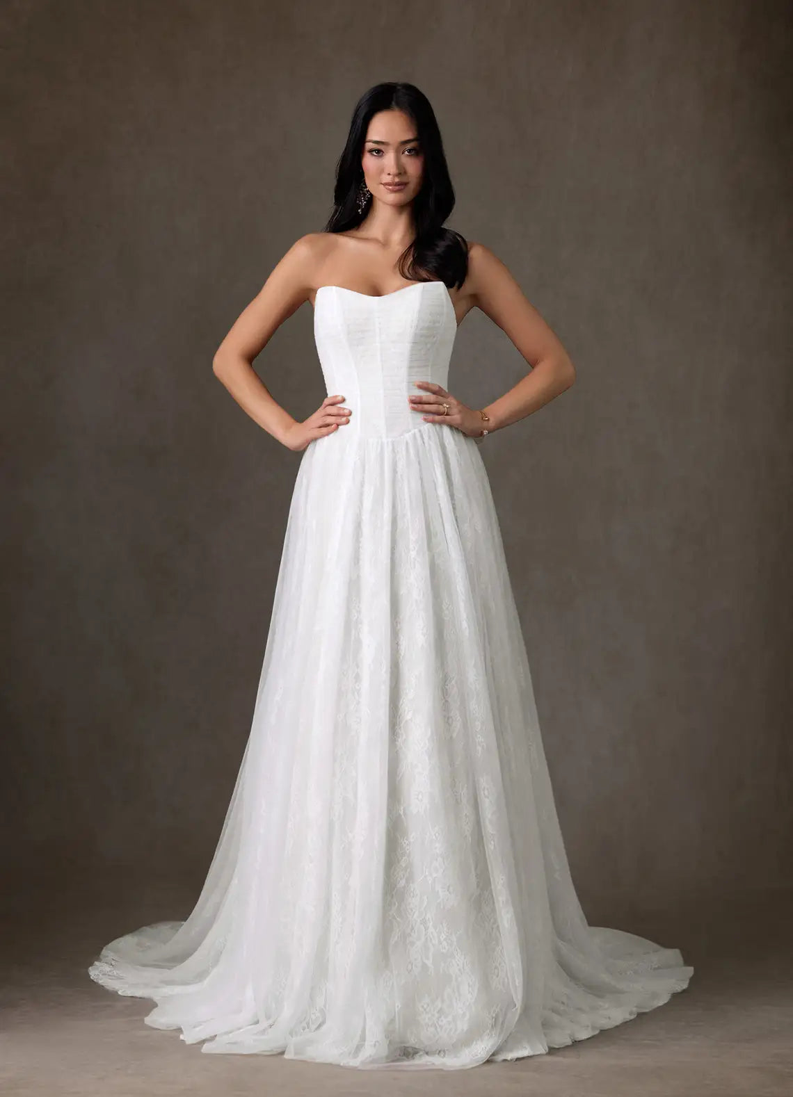Whimsical, bohemian aesthetic Strapless Lace A-Line Wedding Dress with Corset Back and Detachable Choker
