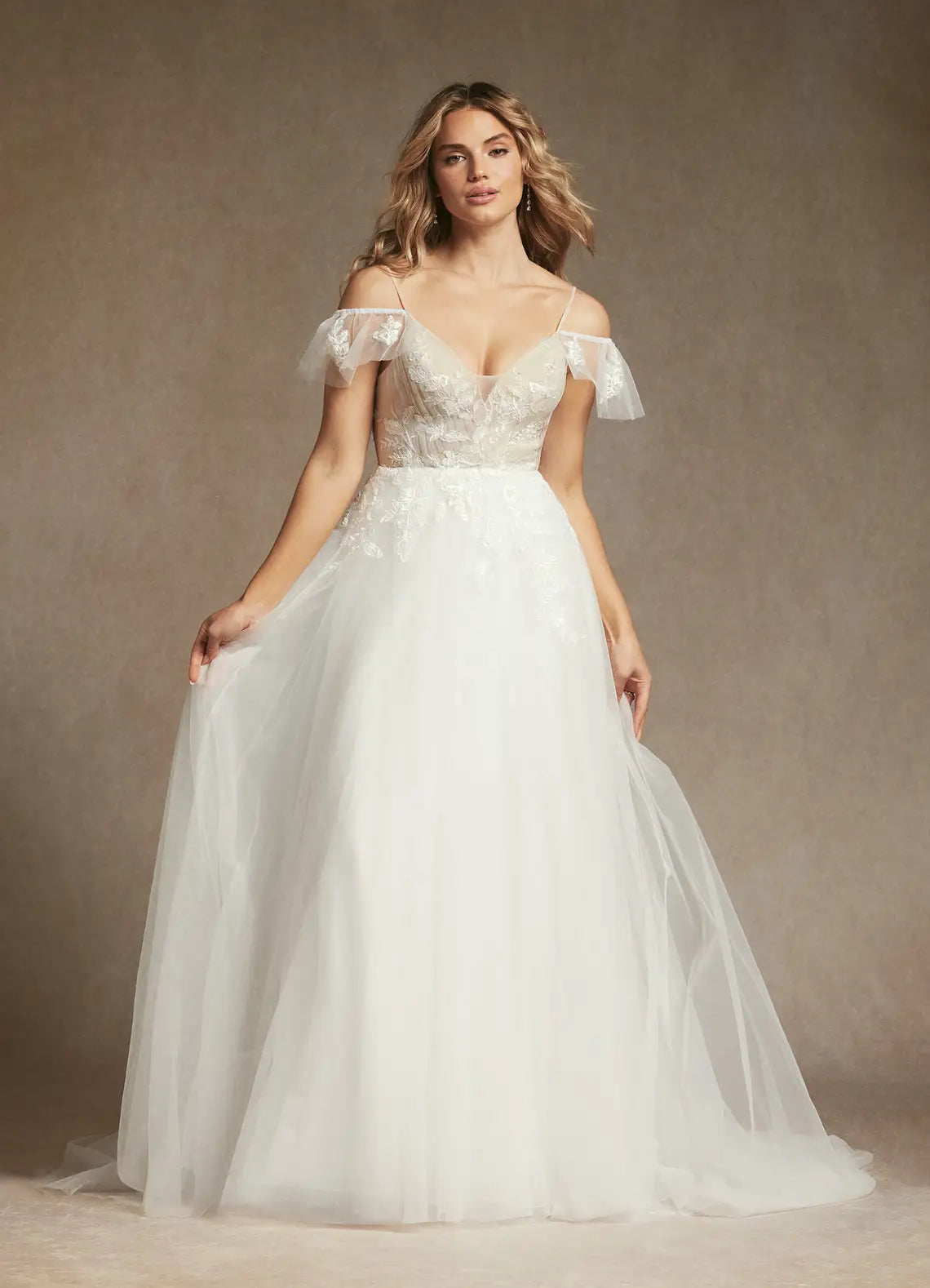 Whimsical, ethereal aesthetic Floral Lace Tulle A-Line Wedding Dress with Off-the-Shoulder Sleeves