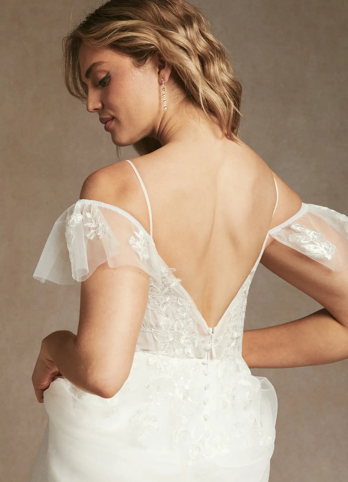 Whimsical, ethereal aesthetic Floral Lace Tulle A-Line Wedding Dress with Off-the-Shoulder Sleeves