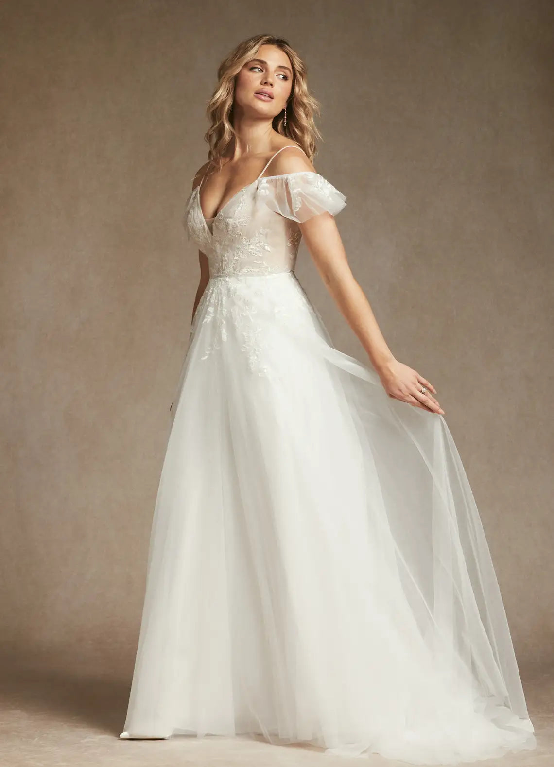 Whimsical, ethereal aesthetic Floral Lace Tulle A-Line Wedding Dress with Off-the-Shoulder Sleeves