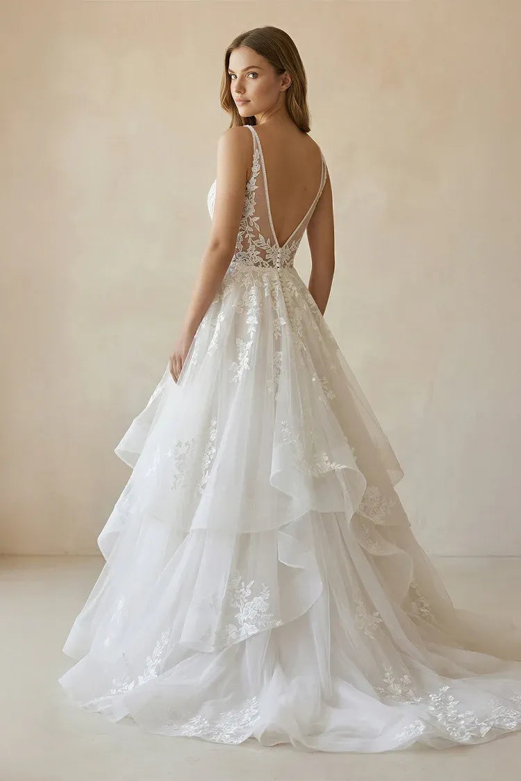 Whimsical, romantic Sleeveless Floral Lace Tiered Tulle A-Line Wedding Dress with Deep V-Back