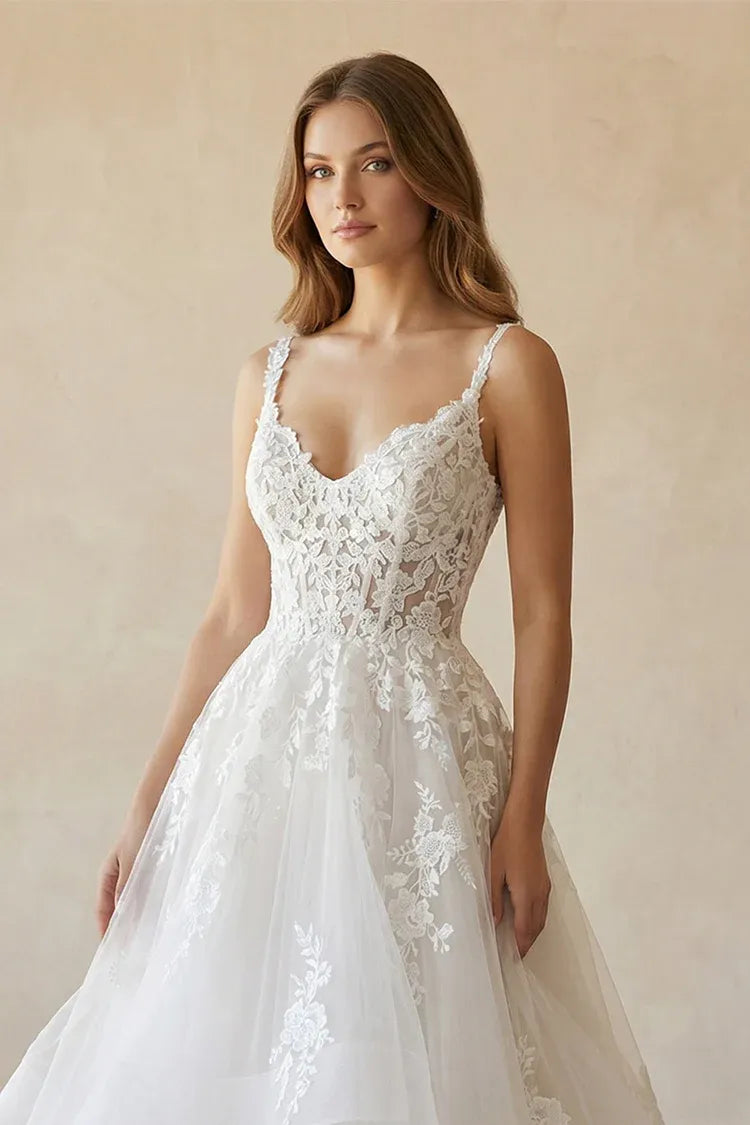 Whimsical, romantic Sleeveless Floral Lace Tiered Tulle A-Line Wedding Dress with Deep V-Back