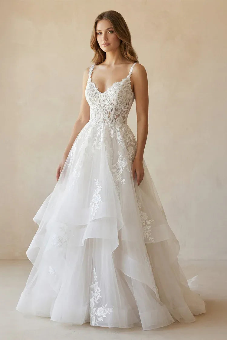 Whimsical, romantic Sleeveless Floral Lace Tiered Tulle A-Line Wedding Dress with Deep V-Back