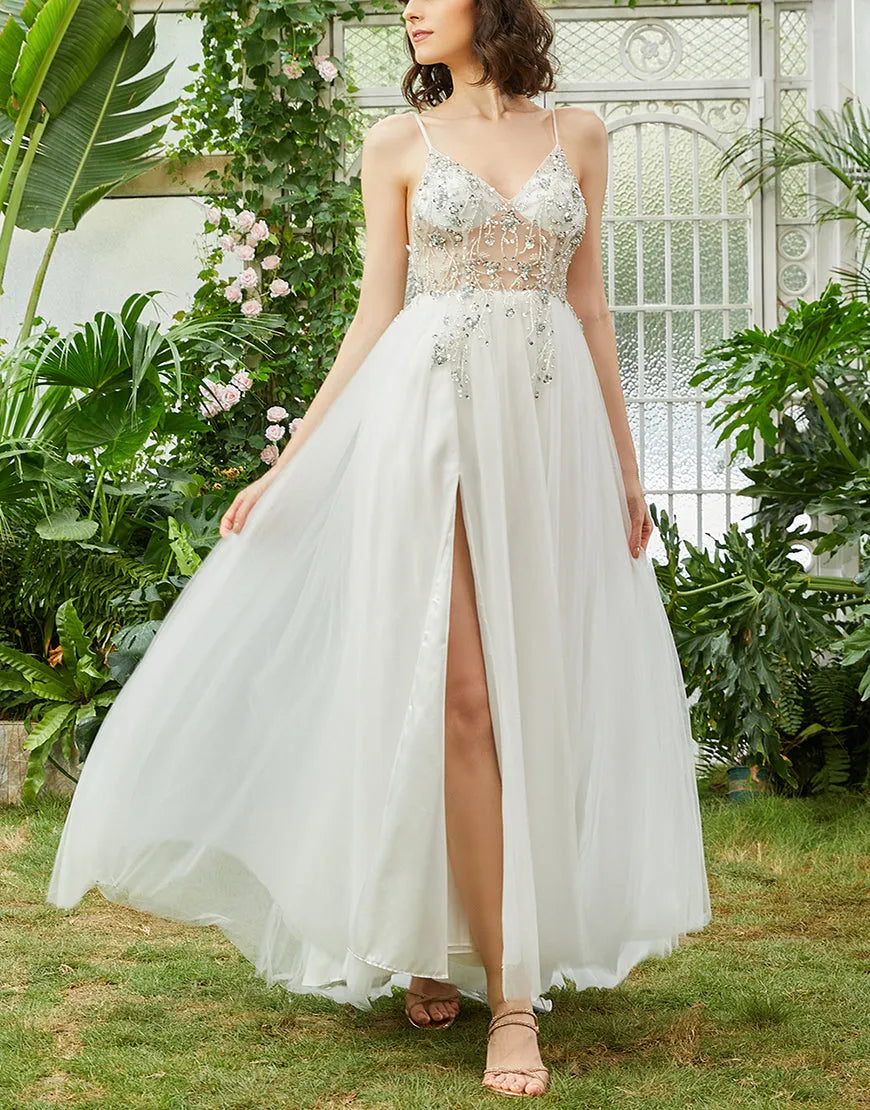 A-Line Spaghetti Straps Long Prom Dress With Beading