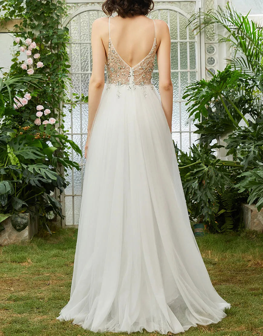 A-Line Spaghetti Straps Long Prom Dress With Beading