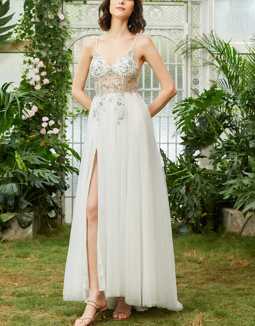 A-Line Spaghetti Straps Long Prom Dress With Beading