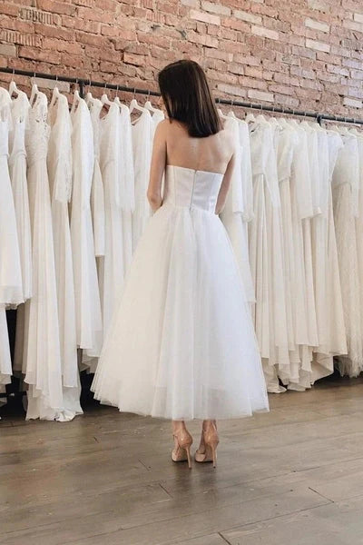 White Ankle Length Strapless Wedding Dresses Tulle Satin
