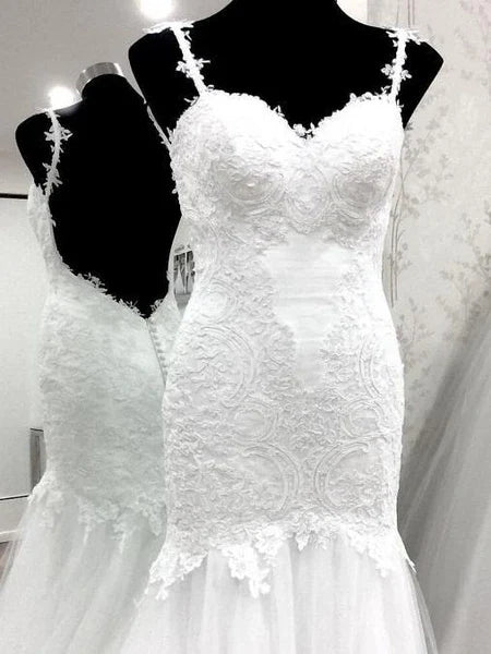 White Lace Mermaid Sweetheart Tulle Spaghetti Straps Backless Affordable Wedding Dresses